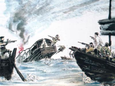 1945年8月初，港九大隊海上中隊在大浪口進攻一艘日軍大木船，共擊斃40多名日軍，並繳獲大量武器及物資。(陳挺通畫作)