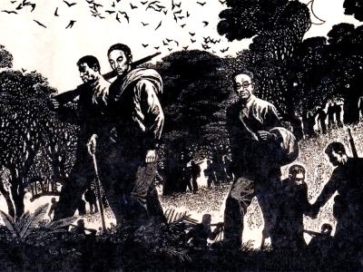 畫家蔡迪支、許欽松1981年創作的版畫作品《曉風殘月》，刻畫 1942年1月秘密大營救西綫行進途中的情景。前面揹包袱者是茅盾，稍後戴眼鏡者是鄒韜奮。